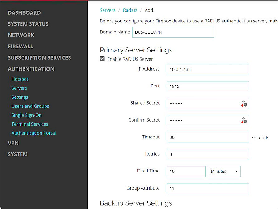 Screenshot of the primary RADIUS server settings on the Firebox
